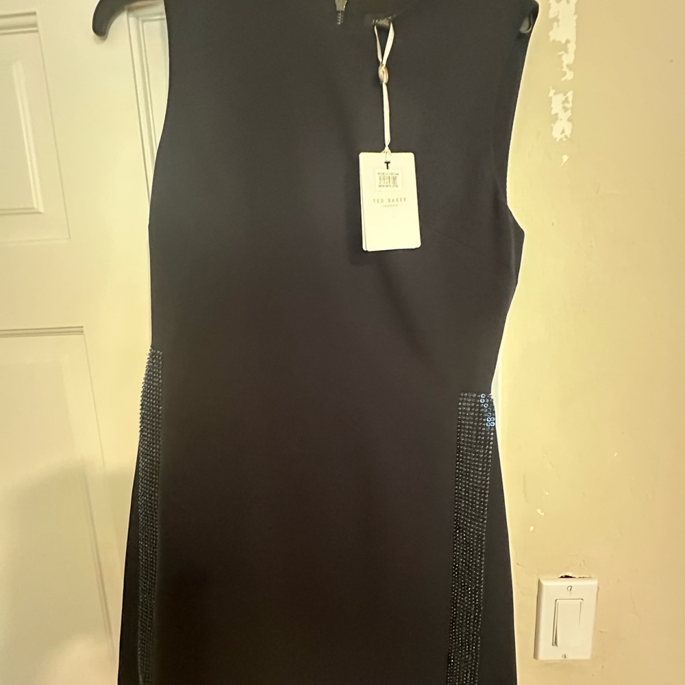 NWT Ted Baker Navy Blue Sleeveless Dress with Rhinestone Accents -